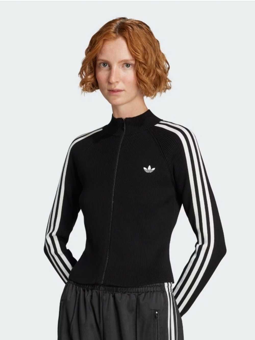 Adidas Black Ribbed Zip-Up Jacket with White Stripes, Classic Trefoil AdiLogo